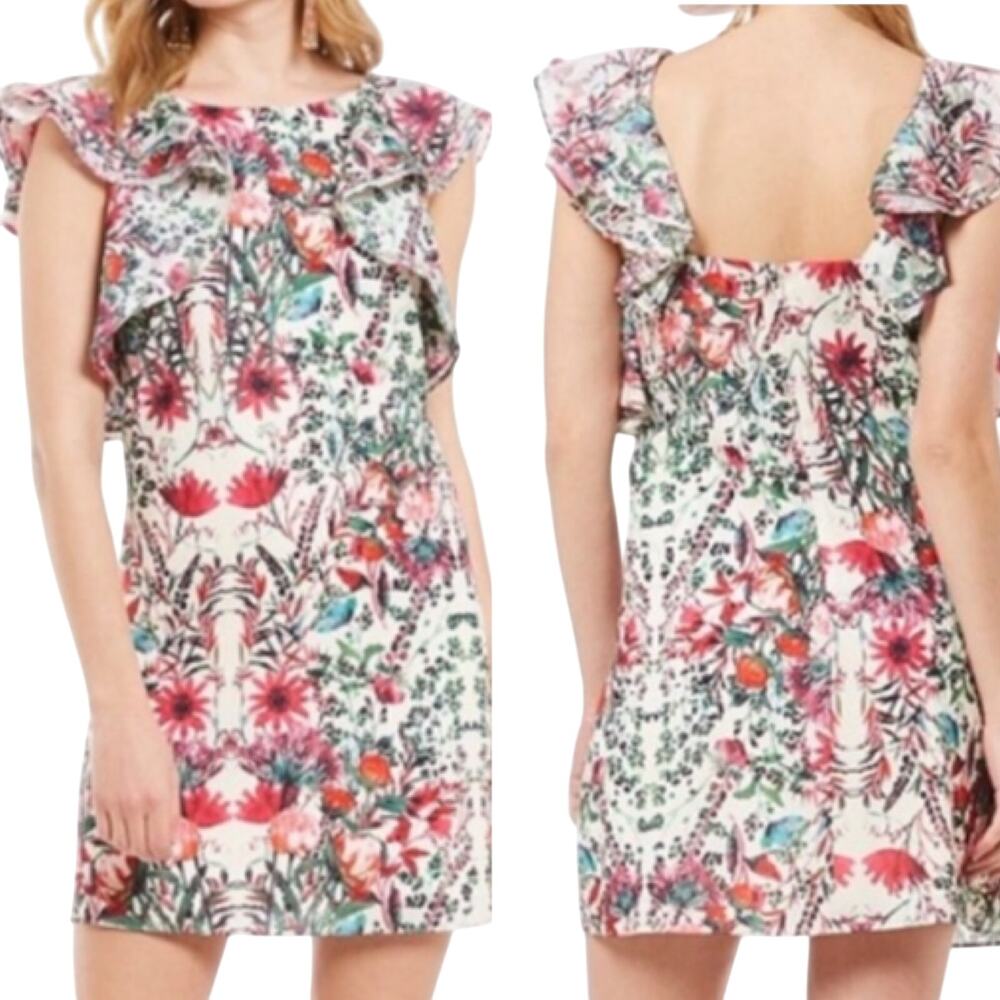 Belle Badgley Mischka Alex Floral Print Shift Dress Ruffled High Neck White Pink